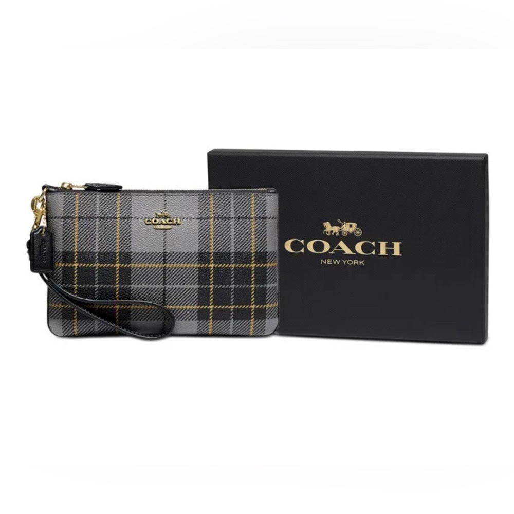 Coach Novelty Box Program Plaid Print Wristlet